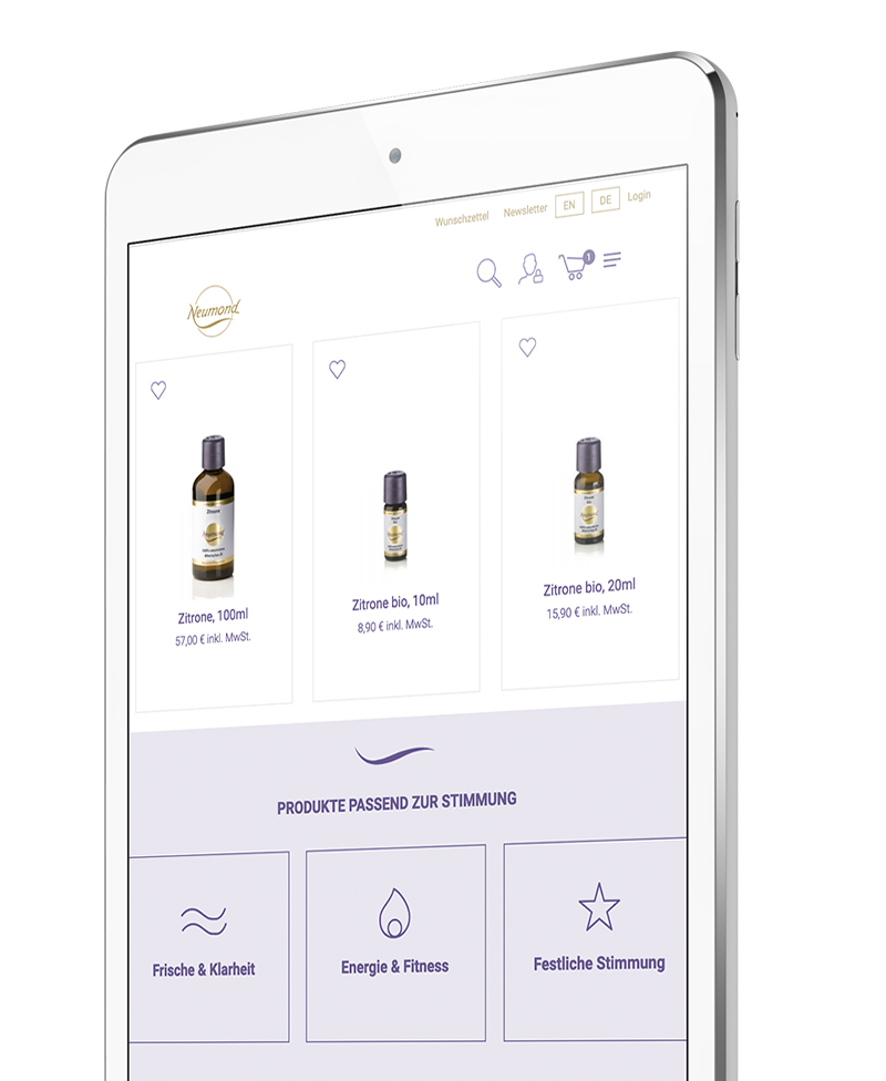Webseite mit Neumond Produkten